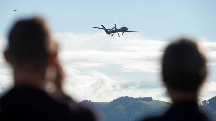 A HERMES 900 HFE drone made by Israeli company Elbit for use in the Swiss reconnaissance system (ADS15) is seen after a certification flight at the Swiss air force base in Emmen, Switzerland September 8, 2022. REUTERS/Arnd Wiegmann