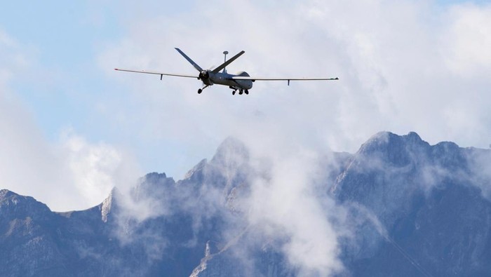 A HERMES 900 HFE drone made by Israeli company Elbit for use in the Swiss reconnaissance system (ADS15) is seen after a certification flight at the Swiss air force base in Emmen, Switzerland September 8, 2022. REUTERS/Arnd Wiegmann