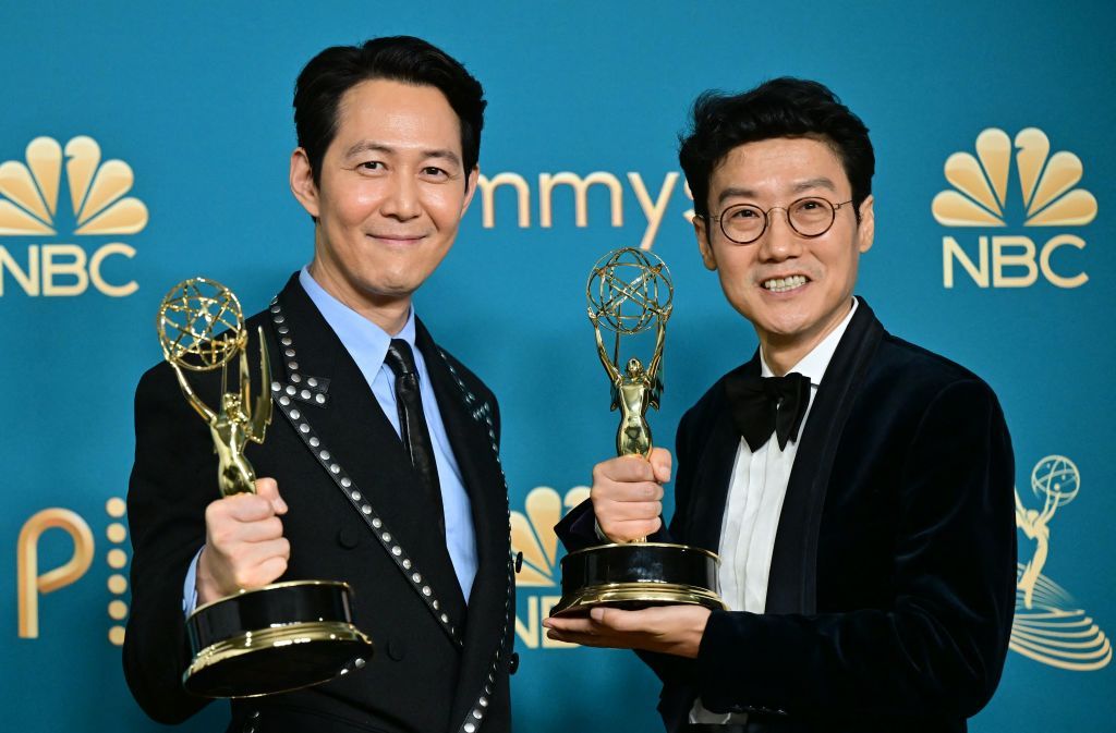 South Korean actor Lee Jung-jae (L) poses with the award for Outstanding Lead Actor In A Drama Series and South Korean director Hwang Dong-hyuk (R) with the Emmy for Outstanding Directing For A Drama Series for 