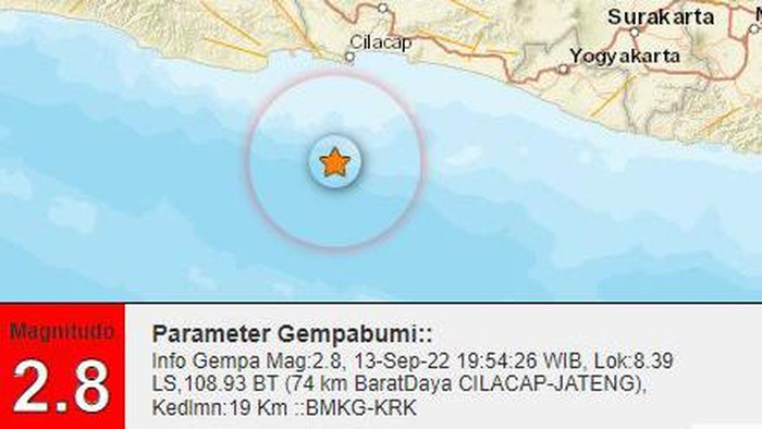 Gempa M 2,8 di perairan Cilacap, Selasa (13/9/2022) pukul 19.54 WIB.