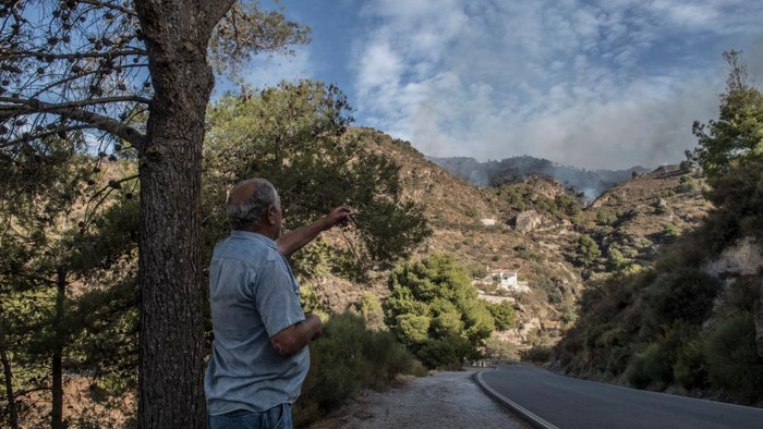 Kebakaran Hutan Los Guajares Spanyol GRANADA, SPAIN - SEPTEMBER 12: Pepe, a resident of Los Guajares looks at the fire that approaches the road on September 12, 2022 in Granada, Spain. The fire that has been active for five days originated in the Los Guajares area near Granada and has already burned more than 3,500 hectares of forest, crops and grass. (Photo by Carlos Gil Andreu/Getty Images)