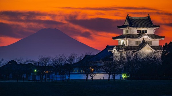 Saat senja, Gunung Fuji semakin memancarkan pesonanya. Lanskap indah ini terasa lengkap dari sudut pandang Kastil Sekiyado yang khas.