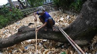 Warga menaiki batang pohon untuk membersihkan kali dari sampah styrofoam dengan bantuan bambu.