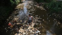 Seorang warga turun langsung ke kali tersebut dan terlihat sampah mulai berkurang sedikit demi sedikit.