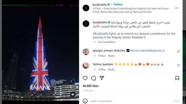Potret Ratu Elizabeth di Burj Khalifa