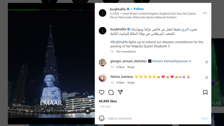 Potret Ratu Elizabeth di Burj Khalifa Potret Ratu Elizabeth di Burj Khalifa