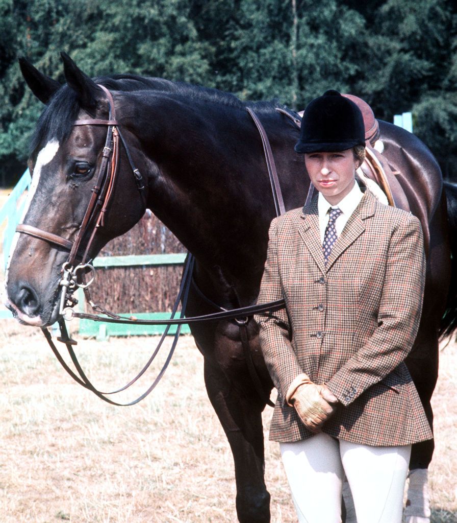 1976 OLYMPICS: Princess Anne (later the Princess Royal) with the Queen's horse, Goodwill, at Smith's Lawn, Windsor, during a break in training with the British Olympic team for the three-day event at the Montreal Olympic Games in Canada.   (Photo by PA Images via Getty Images)