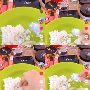 Aksi kocak wanita makan nasi pakai garam sambil memperlihatkan kosmetik high end, bikin warganet ngakak.