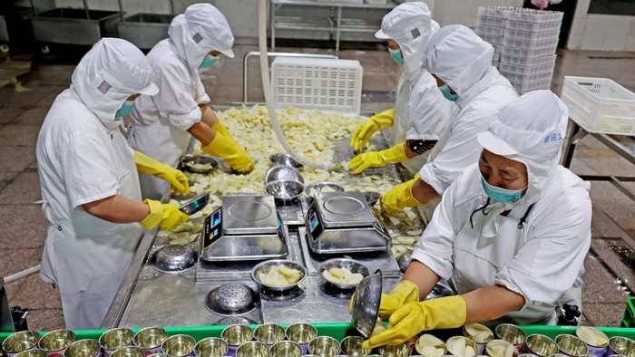 LIANYUNGANG, CHINA - SEPTEMBER 14: Staff members produce canned white peaches to be exported to Japan on the production line at a food company in the economic and technological development zone on September 14, 2022 in Lianyungang, Jiangsu Province of China. (Photo by Geng Yuhe/VCG via Getty Images)