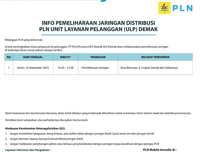 info pemadaman listrik di Demak, Rabu (14/9/2022).