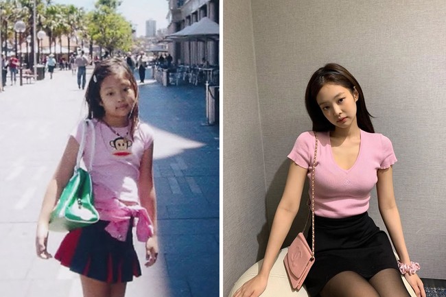 Salah satu foto masa kecilnya yang ikonik menampilkan Jennie BLACKPINK memakai kaos berwarna pink keluaran Paul Frank. Kini dia beranjak dewasa dan semakin elegan. Foto: Twitter, dok. Instagram @jennierubyjane
