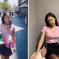 Salah satu foto masa kecilnya yang ikonik menampilkan Jennie BLACKPINK memakai kaos berwarna pink keluaran Paul Frank. Kini dia beranjak dewasa dan semakin elegan. Foto: Twitter, dok. Instagram @jennierubyjane