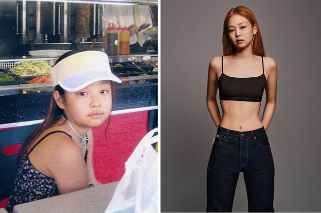 Dalam foto kecilnya Jennie BLACKPINK terlihat memakai tank top hitam saat makan di sebuah restoran. Kini wajahnya memakai bralette hitam Calvin Klein terpampang di papan reklame yang ada di New York. Foto: Twitter, dok. Instagram @jennierubyjane