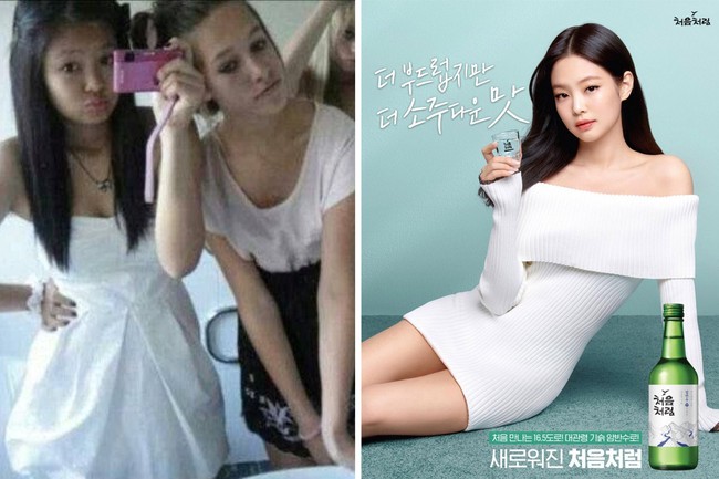 Jennie yang eksis sejak SMP berfoto dengan teman-temannya memakai sleeveless dress putih di kaca toilet sekolah. Beranjak dewasa dia memakai dress putih dalam iklan soju Chumchurum. Wajahnya ada di setiap restoran yang menjual soju. Foto: Twitter, dok. Chumchurum