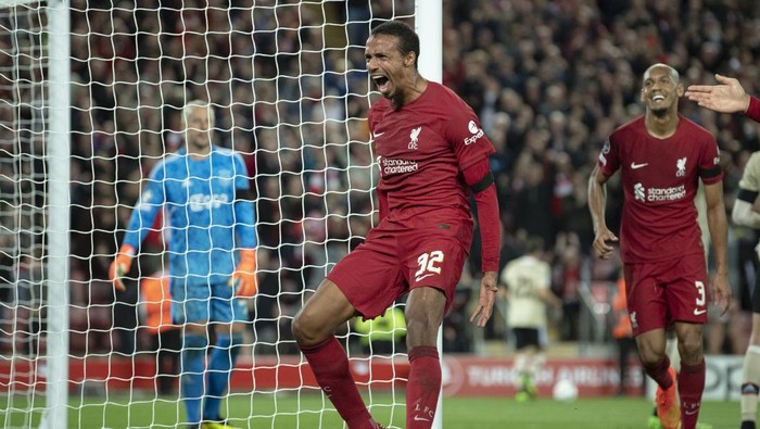 LIVERPOOL, ENGLAND - SEPTEMBER 13: Joel Matip of Liverpool celebrates scoring the second and winning goal during the UEFA Champions League group A match between Liverpool FC and AFC Ajax at Anfield on September 13, 2022 in Liverpool, United Kingdom. (Photo by Visionhaus/Getty Images)