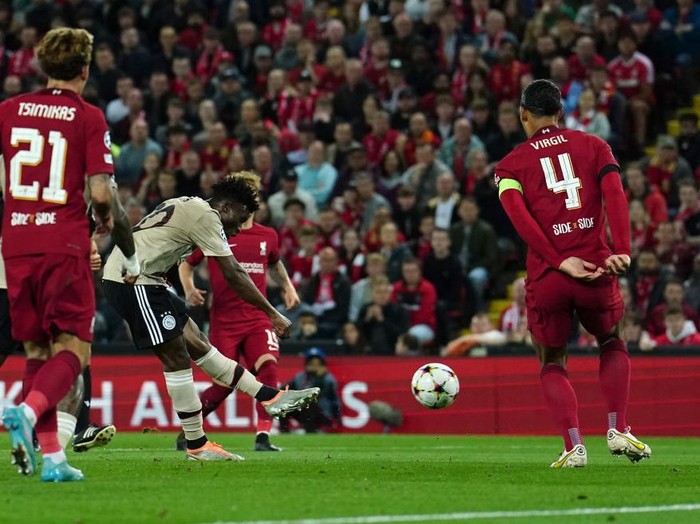 Ajax's Mohammed Kudus scores their side's first goal of the game during the UEFA Champions League match at Anfield, Liverpool. Picture date: Tuesday September 13, 2022. (Photo by Martin Rickett/PA Images via Getty Images)
