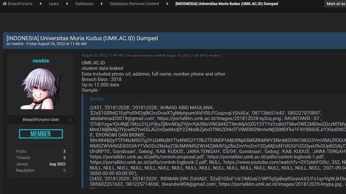 Postingan terkait data mahasiswa UMK Kudus yang diduga bocor.