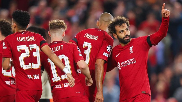 LIVERPOOL, ENGLAND - SEPTEMBER 13: Mohamed Salah of Liverpool celebrates after scoring during the UEFA Champions League group A match between Liverpool FC and AFC Ajax at Anfield on September 13, 2022 in Liverpool, England. (Photo by James Gill - Danehouse/Getty Images)
