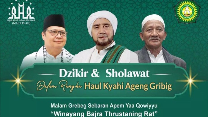 Menteri Kordinator Bidang Perekonomian Airlangga Hartarto malam ini menggelar acara dzikir dan salawat dalam rangka Haul Kyahi Ageng Gribig, di Jatinom, Klaten.