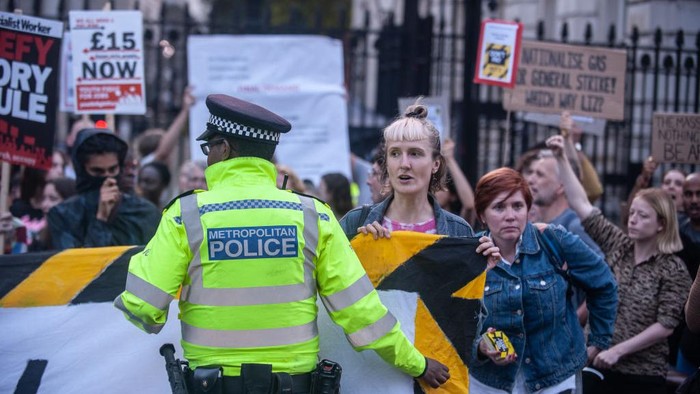 LONDON, ENGLAND - SEPTEMBER 5: Protestors block Whitehall outside of Downing street on September 5, 2022 in London, England. The Dont Pay UK campaign's manifesto says 