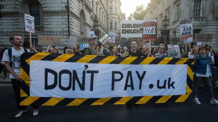 LONDON, ENGLAND - SEPTEMBER 5: Protestors block Whitehall outside of Downing street on September 5, 2022 in London, England. The Dont Pay UK campaign's manifesto says 