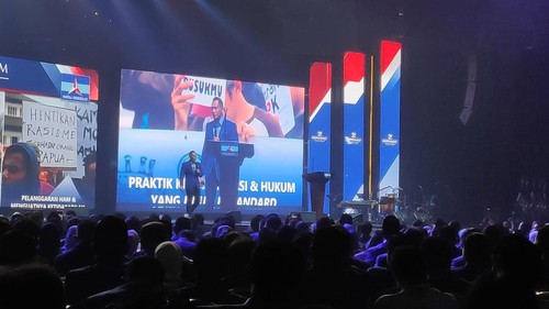 Ketum Partai Demokrat AHY saat memberikan sambutan di Rampinas PD 2022.