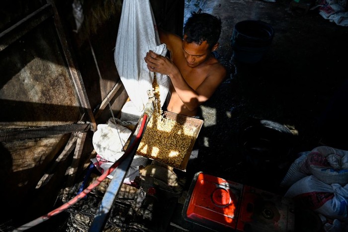 Pabrik Tahu di Banda Aceh A worker places logs for a fire at a tofu factory in Banda Aceh on September 14, 2022. (Photo by CHAIDEER MAHYUDDIN / AFP) (Photo by CHAIDEER MAHYUDDIN/AFP via Getty Images)