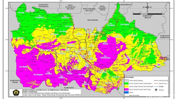BPBD Kabupaten Bogor merilis peta wilayah di Kabupaten Bogor yang berpotensi terjadi tanah bergeser pada bulan September. (dok BPBD Kabupaten Bogor)