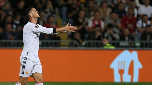 TIRASPOL, MOLDOVA - SEPTEMBER 15: Cristiano Ronaldo of Manchester United reacts during the UEFA Europa League group E match between Sheriff Tiraspol and Manchester United at Stadionul Sheriff on September 15, 2022 in Tiraspol, Moldova. (Photo by MB Media/Getty Images)