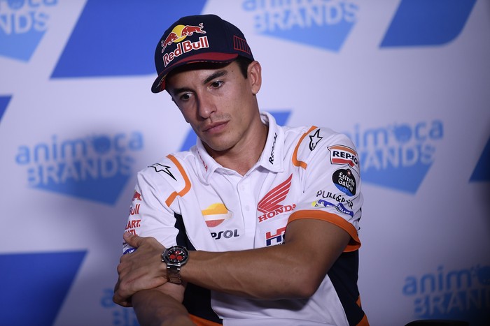 Marc Marquez (93) of Spain and Repsol Honda Team during the press conference previews of Gran Premio Animoca Brands de Aragon at Motorland Aragon Circuit on September 15, 2022 in Alcaniz, Spain. (Photo by Jose Breton/Pics Action/NurPhoto via Getty Images)