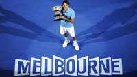 Roger Federer memegang trofi setelah mengalahkan Andy Murray dari Inggris untuk memenangkan pertandingan final tunggal putra pada kejuaraan tenis Australia Terbuka di Melbourne, Australia, Minggu, 31 Januari 2010. (AP/Andrew Brownbill)