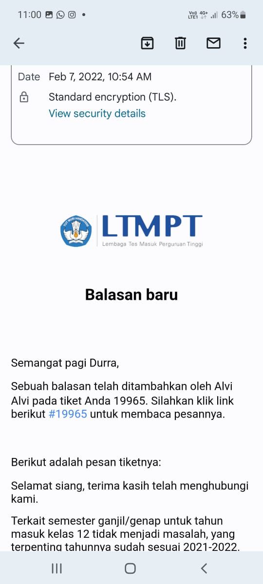 Respons Halo LTMPT dari pengaduan daring Guru BK SMAN Unggulan MH Thamrin Durra Syahrina, 7 Februari 2022.