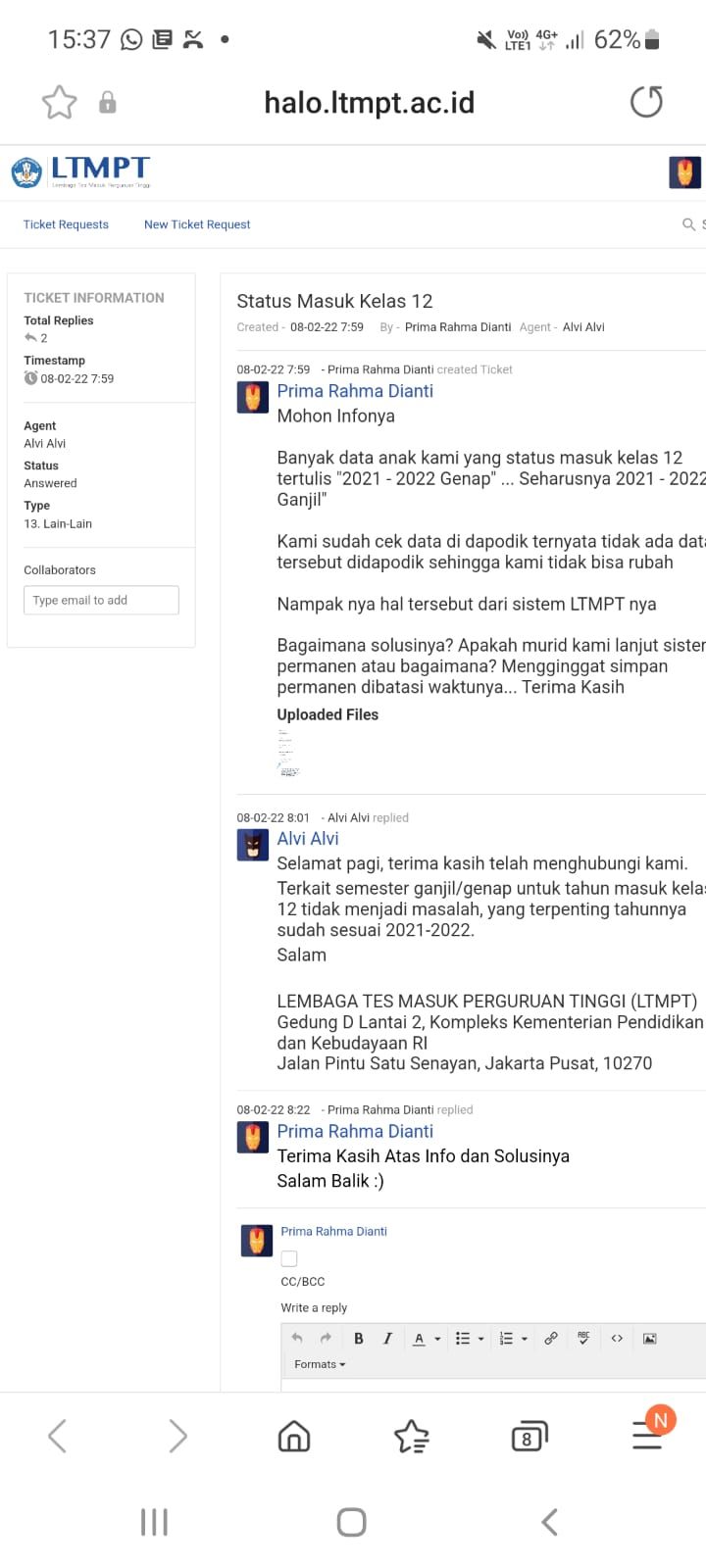 Respons Halo LTMPT dari pengaduan daring terkait status masuk kelas 12, 8 Februari 2022.