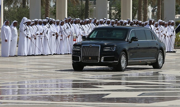 PARIS, FRANCE - DECEMBER 10: (RUSSIA OUT) Russian President Vladimir Putins Aurus Senat limo is seen in front of  Elysee Palace in Paris, France, December,10,2019. Russian President Putin is taling part in the Normandy Format talks with Ukrainian President Volodimyr Zelensky, French President Emmanuel Macron and German Chancellor Angela Merkerl in Paris today. (Photo by Mikhail Svetlov/Getty Images)