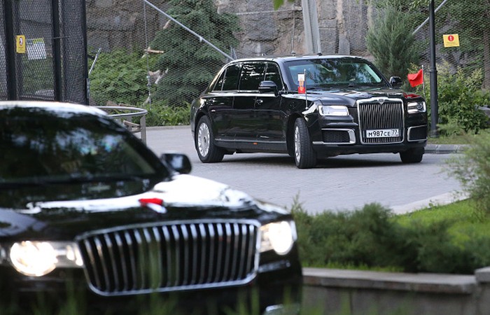 PARIS, FRANCE - DECEMBER 10: (RUSSIA OUT) Russian President Vladimir Putins Aurus Senat limo is seen in front of  Elysee Palace in Paris, France, December,10,2019. Russian President Putin is taling part in the Normandy Format talks with Ukrainian President Volodimyr Zelensky, French President Emmanuel Macron and German Chancellor Angela Merkerl in Paris today. (Photo by Mikhail Svetlov/Getty Images)