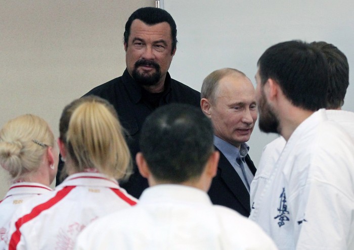 Steven Seagal MOSCOW, RUSSIA - MARCH 13: U.S. actor Steven Seagal and Russian President Vladimir Putin are seen visiting Sambo-70, a Russian martial art and combat sport school, March 13, 2013 in Moscow, Russia. (Photo by Sasha Mordovets/Getty Images)