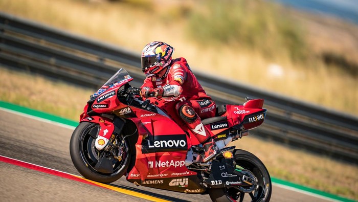 ALCANIZ, SPAIN - SEPTEMBER 16: Jack Miller of Australia and Ducati Lenovo Team rides during the free practice of the MotoGP Gran Premio Animoca Brands de Aragón at Motorland Aragon Circuit on September 16, 2022 in Alcaniz, Spain. (Photo by Steve Wobser/Getty Images)