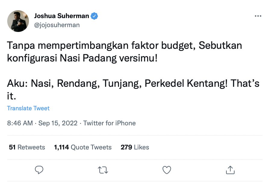 Joshua Suherman menanyakan lauk nasi Padang favorit netizen