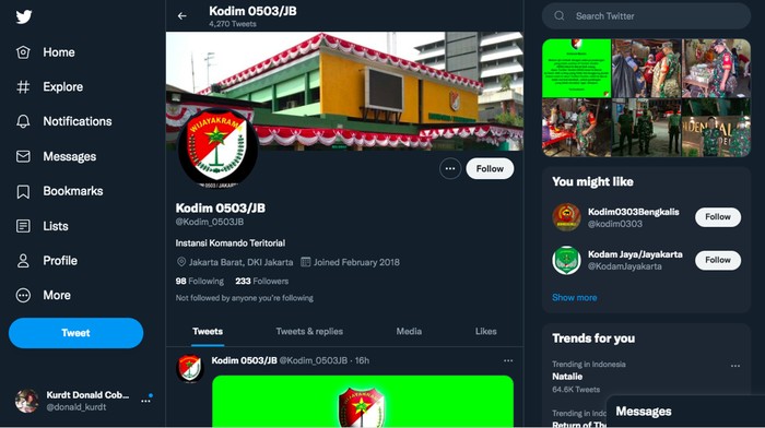 Akun Twitter Kodim 0503/Jakarta Barat (JB) sempat diretas (dok detikcom)