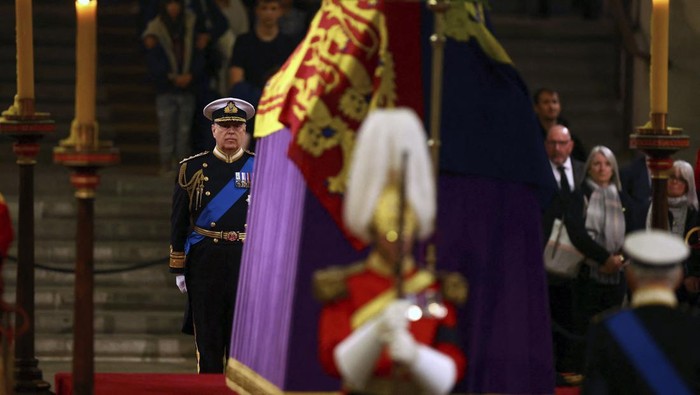 Britains Prince Andrew attends a vigil for Queen Elizabeth II, as she lies in state on the catafalque in Westminster Hall, at the Palace of Westminster, London, Friday Sept. 16, 2022. (Hannah McKay/Pool Photo via AP)