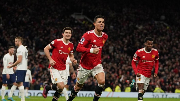 Manchester Uniteds Cristiano Ronaldo celebrates scoring his hat trick goal and his sides third goal of the game during the Premier League match at Old Trafford, Manchester. Picture date: Saturday March 12, 2022. (Photo by Martin Rickett/PA Images via Getty Images)