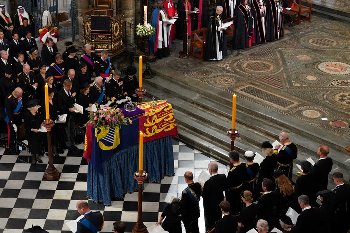 The coffin is placed near the altar at the State Funeral of Queen Elizabeth II, held at Westminster Abbey, London. Picture date: Monday September 19, 2022. Gareth Fuller/Pool via REUTERS