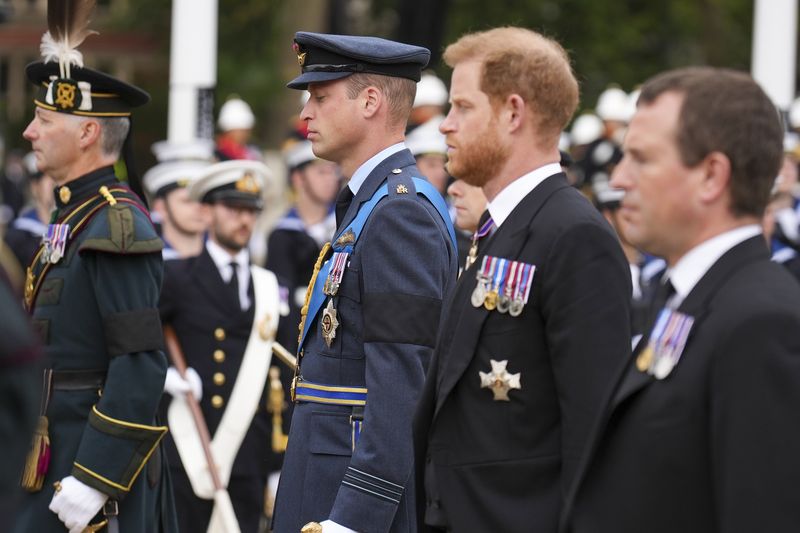 LONDON, ENGLAND - SEPTEMBER 19: (L-R) William, Prince of Wales, King Charles III, Anne, Princess Royal and Prince Harry, Duke of Sussex arrive for the State Funeral of Queen Elizabeth II at Westminster Abbey on September 19, 2022 in London, England.  Elizabeth Alexandra Mary Windsor was born in Bruton Street, Mayfair, London on 21 April 1926. She married Prince Philip in 1947 and ascended the throne of the United Kingdom and Commonwealth on 6 February 1952 after the death of her Father, King George VI. Queen Elizabeth II died at Balmoral Castle in Scotland on September 8, 2022, and is succeeded by her eldest son, King Charles III. (Photo by Samir Hussein/WireImage)