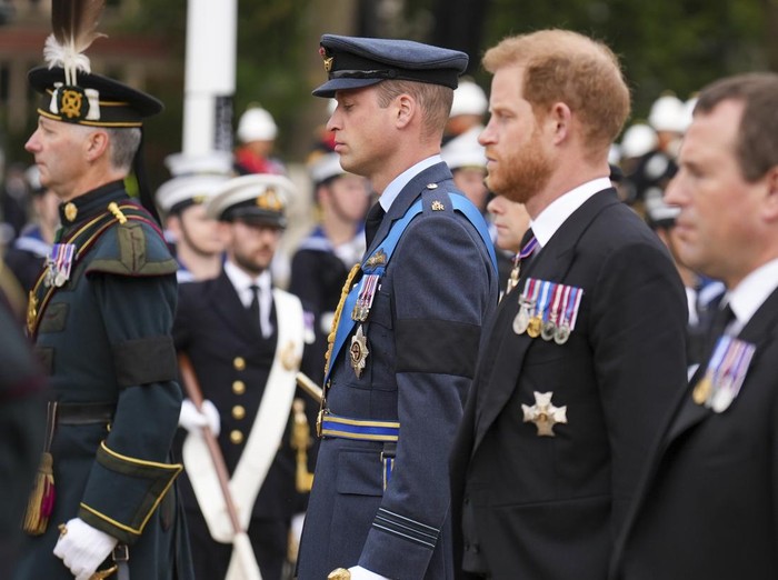LONDON, ENGLAND - SEPTEMBER 19: (L-R) William, Prince of Wales, King Charles III, Anne, Princess Royal and Prince Harry, Duke of Sussex arrive for the State Funeral of Queen Elizabeth II at Westminster Abbey on September 19, 2022 in London, England.  Elizabeth Alexandra Mary Windsor was born in Bruton Street, Mayfair, London on 21 April 1926. She married Prince Philip in 1947 and ascended the throne of the United Kingdom and Commonwealth on 6 February 1952 after the death of her Father, King George VI. Queen Elizabeth II died at Balmoral Castle in Scotland on September 8, 2022, and is succeeded by her eldest son, King Charles III. (Photo by Samir Hussein/WireImage)