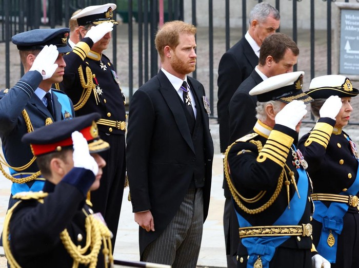 LONDON, ENGLAND - SEPTEMBER 19: (L-R) William, Prince of Wales, King Charles III, Anne, Princess Royal and Prince Harry, Duke of Sussex arrive for the State Funeral of Queen Elizabeth II at Westminster Abbey on September 19, 2022 in London, England.  Elizabeth Alexandra Mary Windsor was born in Bruton Street, Mayfair, London on 21 April 1926. She married Prince Philip in 1947 and ascended the throne of the United Kingdom and Commonwealth on 6 February 1952 after the death of her Father, King George VI. Queen Elizabeth II died at Balmoral Castle in Scotland on September 8, 2022, and is succeeded by her eldest son, King Charles III. (Photo by Samir Hussein/WireImage)