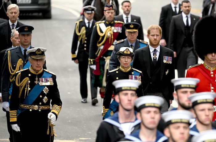 LONDON, ENGLAND - SEPTEMBER 19: (L-R) William, Prince of Wales, King Charles III, Anne, Princess Royal and Prince Harry, Duke of Sussex arrive for the State Funeral of Queen Elizabeth II at Westminster Abbey on September 19, 2022 in London, England.  Elizabeth Alexandra Mary Windsor was born in Bruton Street, Mayfair, London on 21 April 1926. She married Prince Philip in 1947 and ascended the throne of the United Kingdom and Commonwealth on 6 February 1952 after the death of her Father, King George VI. Queen Elizabeth II died at Balmoral Castle in Scotland on September 8, 2022, and is succeeded by her eldest son, King Charles III. (Photo by Samir Hussein/WireImage)