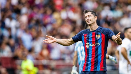 09 Robert Lewandowski of FC Barcelona celebrates after scoring a goal during the La Liga match between FC Barcelona and Elche CF at Spotify Camp Nou Stadium in Barcelona, Spain, on September 17th, 2022.  (Photo by Xavier Bonilla/NurPhoto via Getty Images)