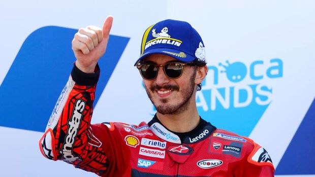 ALCANIZ, SPAIN - SEPTEMBER 18: Francesco 'Pecco' Bagnaia of Italy on the podium during the MotoGP race at Motorland Aragon Circuit on September 18, 2022 in Alcaniz, Spain. (Photo by Joan Cros Garcia - Corbis/Corbis via Getty Images)