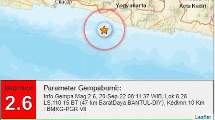 Gempa M 2,6 di Bantul, Selasa (20/9/2022) pukul 08.11 WIB.