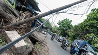 Selain pohon tumbang, sebuah tiang kabel utilitas tampak miring. 